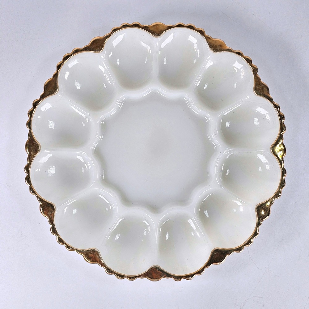 Vintage Anchor Hocking Milk Glass Deviled Egg Platter Gold Gilded Scalloped 10in